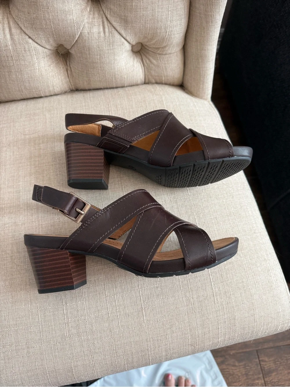 Clarks Dark Brown Leather Crisscross Slingback Sandals